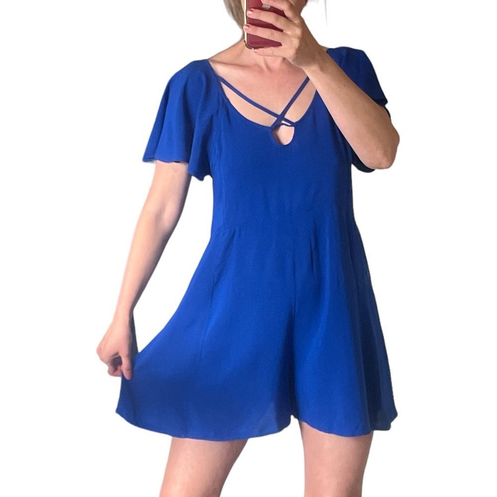 Express royal blue romper flatter sleeves wide leg size Small